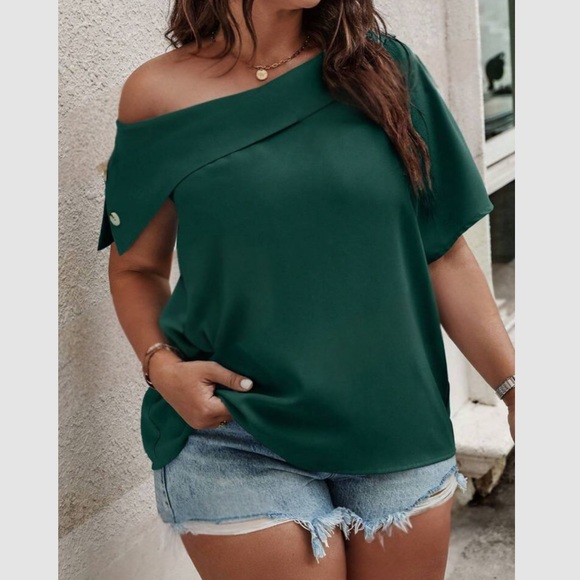 Luxe plus size cream asymmetrical neck blouse - Picture 3 of 11